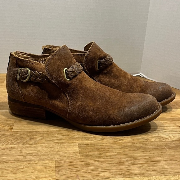 Born Shoes - Born Brown Suede w / Braided Leather Trim Sylvia Ankle Booties Boots Women’s 9.5
